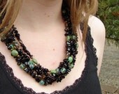 black onyx, smokey quartz "le fleur" necklace with green glass and vintaj beads