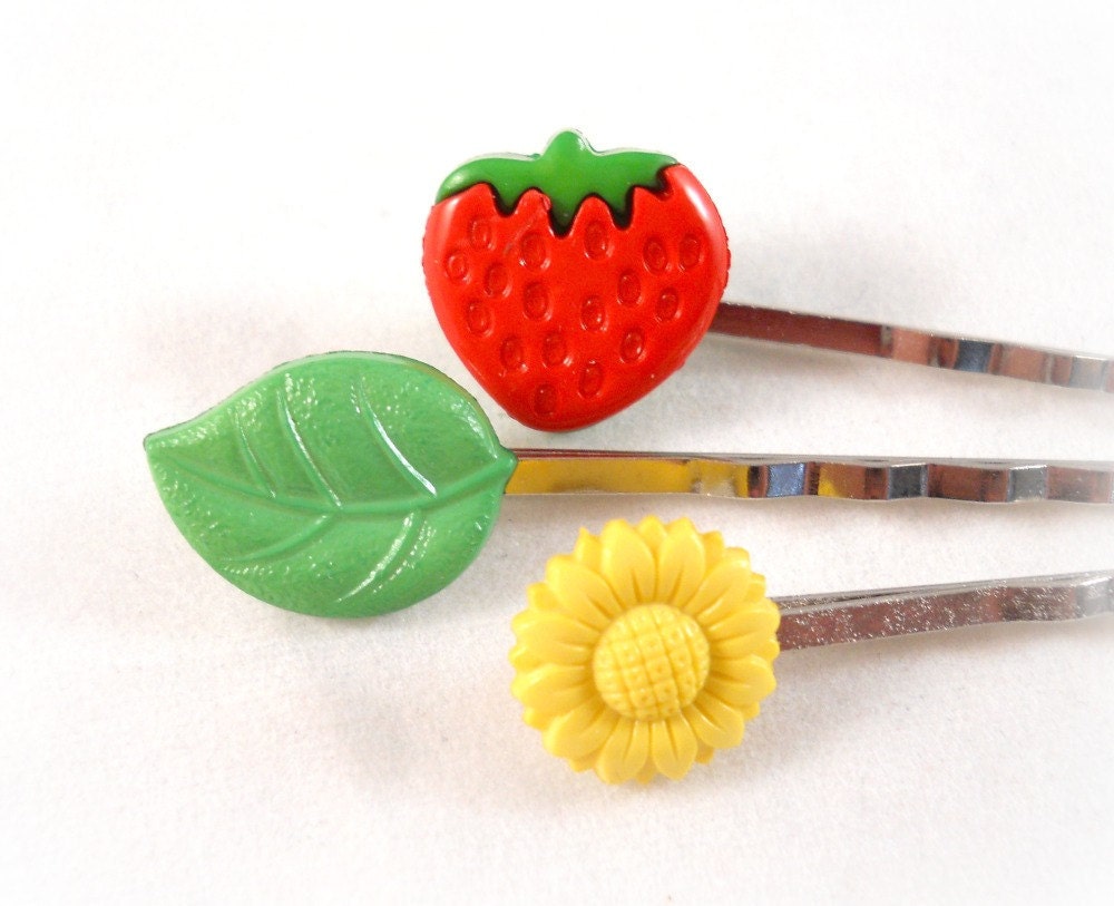 Childrens Hair Accessories Strawberry Sunshine Leaf Trio Bobby Pin Set
