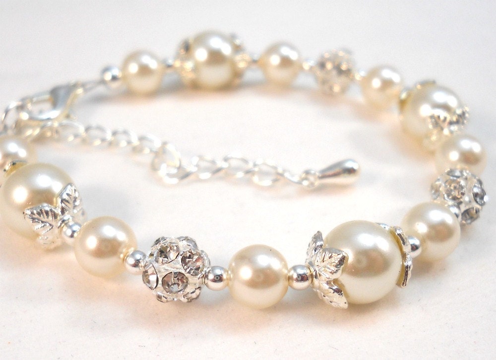 Flower Girl Jewelry Bracelet Ivory Pearls and Crystal Balls Wedding Jewelry READY to SHIP