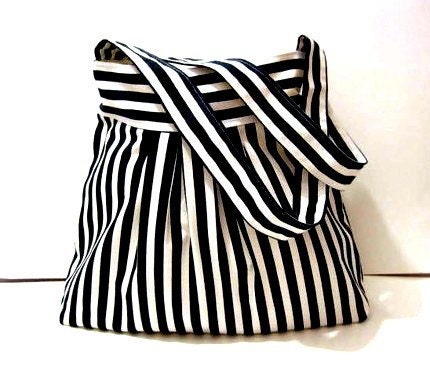 Black and White Stripe-Shoulder Bag-Pleated-Double Straps - marbled