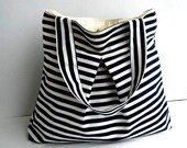 Tote bag-Black and White Stripe-Double Straps-Large
