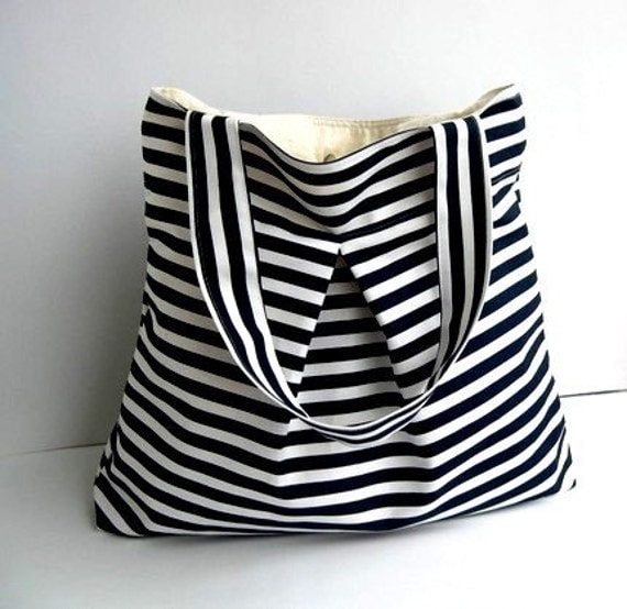 Tote bag-Black and White Stripe-Double Straps-Large