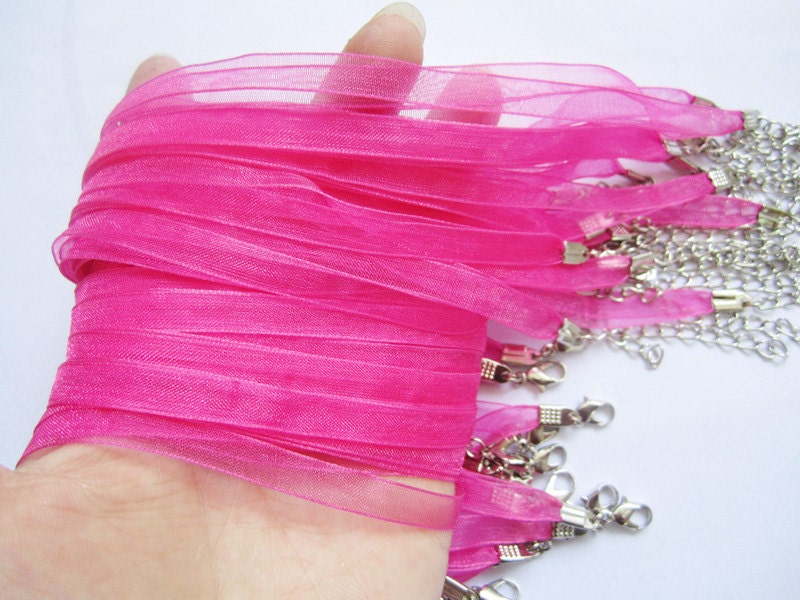 Hot Pink-- new handmade 15pcs 16-18 inch adjustable 7mm width 2 voile organza ribbon necklace cords with lobster clasps