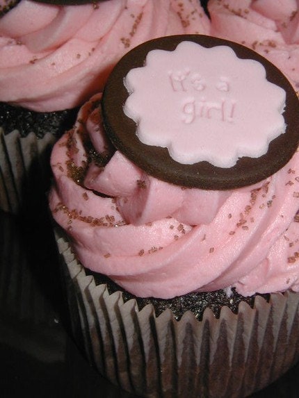 12 Brown and Pink It's a Girl Edible Fondant Baby Shower Cupcake Toppers  Edible Decorations