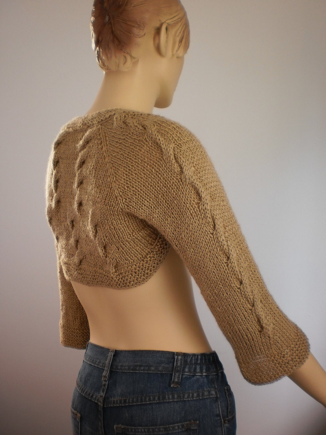 Gold Beige Hand Knitted Shrug  with Brooch / Fall Fashion