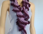 Ruffle Crochet  Lariat Scarf  in shades of  Lilac and Plum / Neck Warmer / Long Scarf