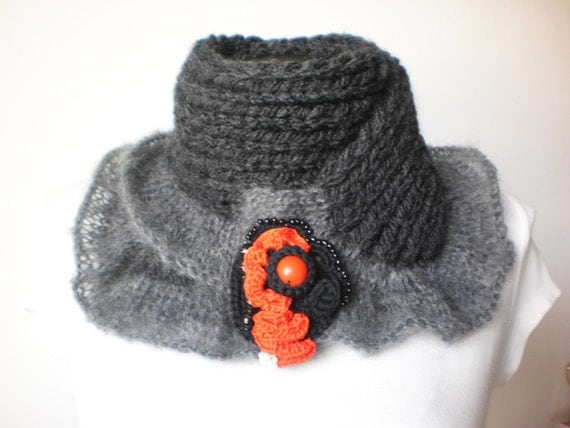 Romantic Black Scarf with Freeform Brooch - Neck Warmer