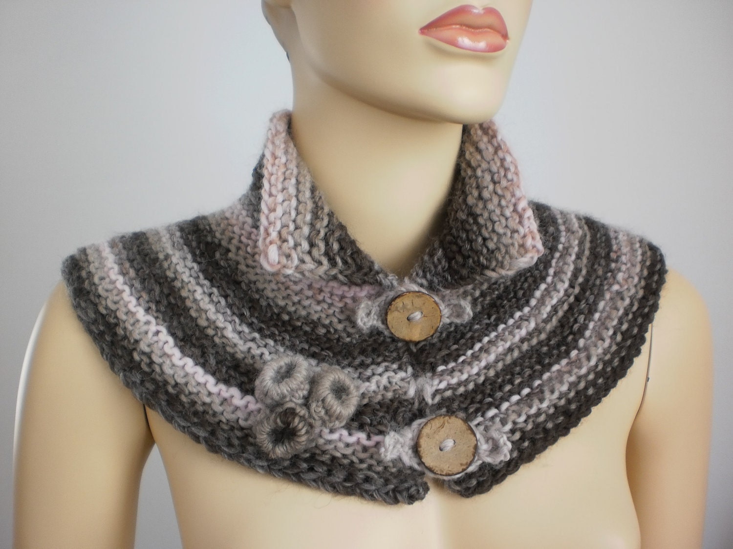 Hand Knitted Capelet - cowl in  Beige  Brown  Pale Pink