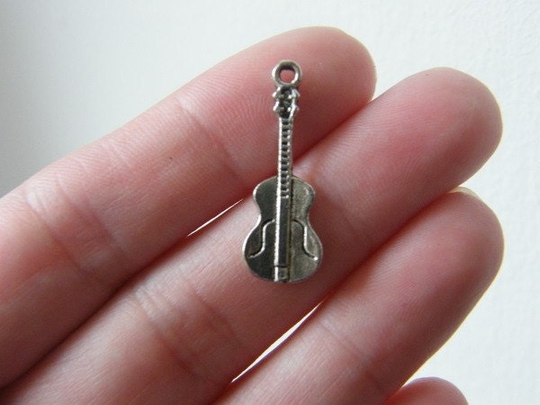 10 Guitar charms 14 x 11mm antique silver tone ( FREE combined shipping )