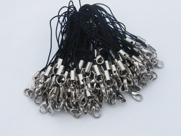20 Cell phone straps or cords with jump ring and lobster clasp 70mm black and silver ( FREE combined shipping )