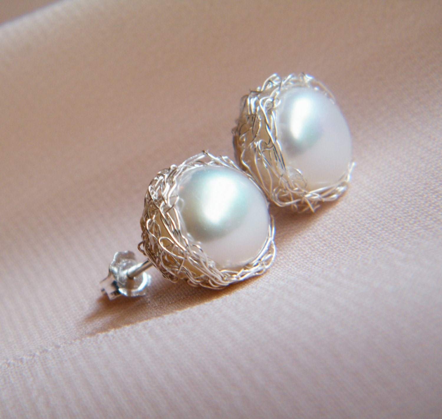 Crochet pearl stud earrings sterling silver by BohemianPleasures