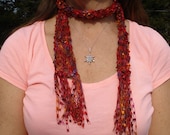 Handknit Scarf of Colorful, Bright, Red Trellis-Type Ladder Yarn