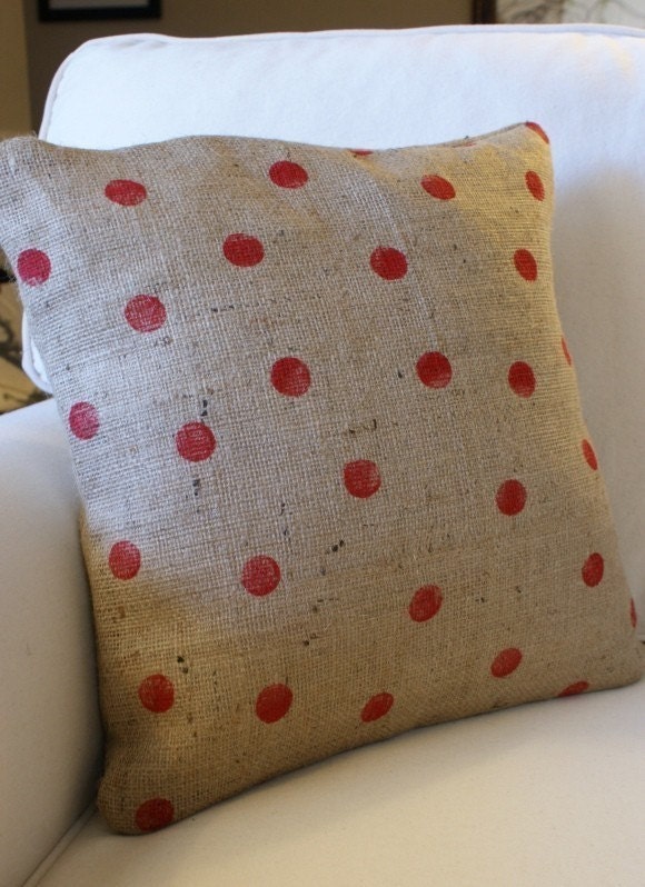 Perky RED Polka Dot Burlap Pillow Cover