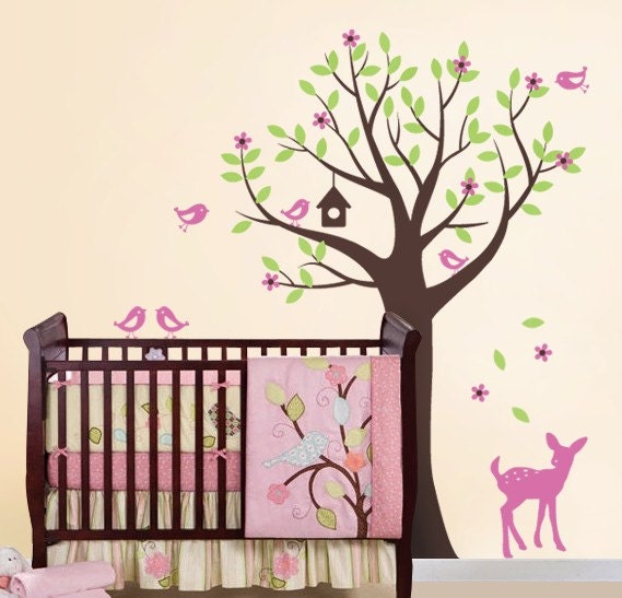 Tree with Birds and Fawn Decal Set - Kid's Nursery Room Wall Sticker