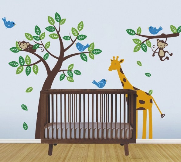 Children wall decals - Monkey Giraffe and Birds Tree and Branch Set