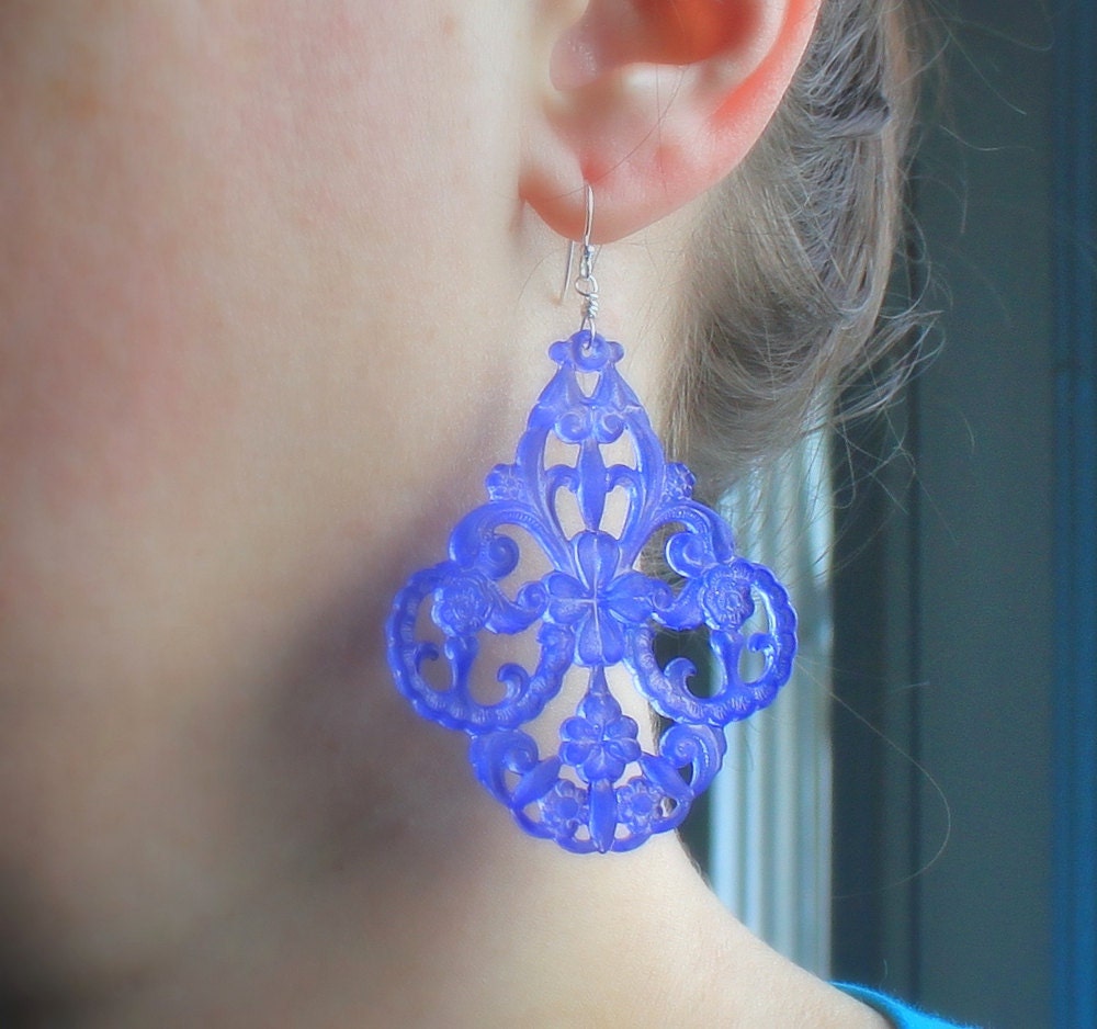 Indigo Earrings Blue Filigree Lucite Sterling Silver Modern Fashion, Sapphire