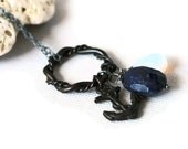 Anchor Charm Necklace Nautical Beach Jewelry Blue Gemstone Oxidized Brass Sterling Silver, Sail Away