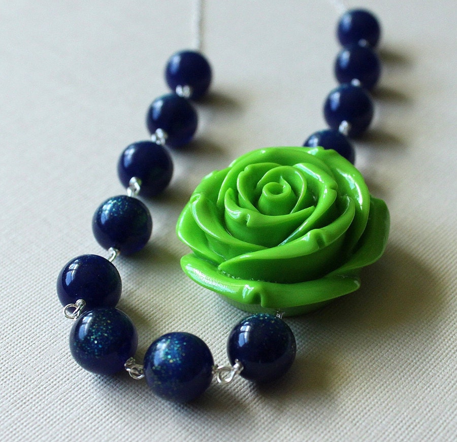 SALE Floral Statement Necklace Navy Blue Glitter Lucite Lime Green Rose, Midnight Sparkle