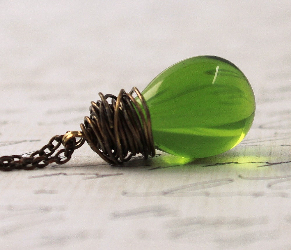 SALE Green Necklace Wire Wrapped Necklace Green Glass Teardrop Brass St Patricks Day Jewelry, Clover