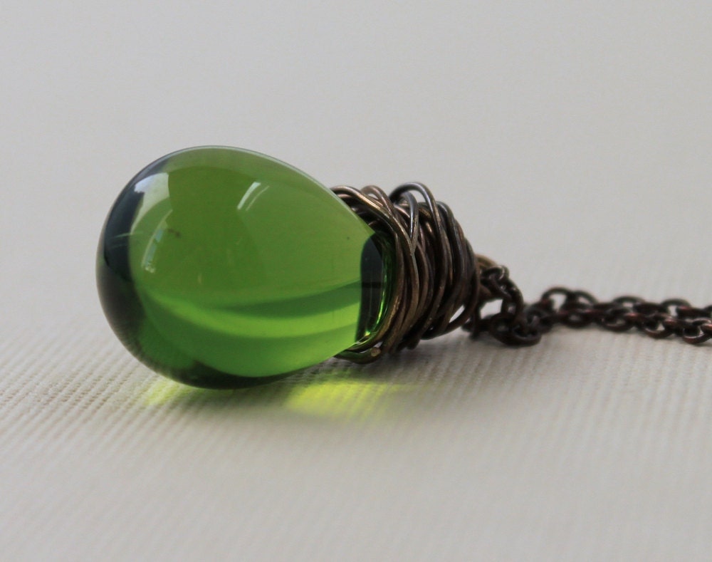SALE Green Necklace Wire Wrapped Necklace Green Glass Teardrop Brass St Patricks Day Jewelry, Clover