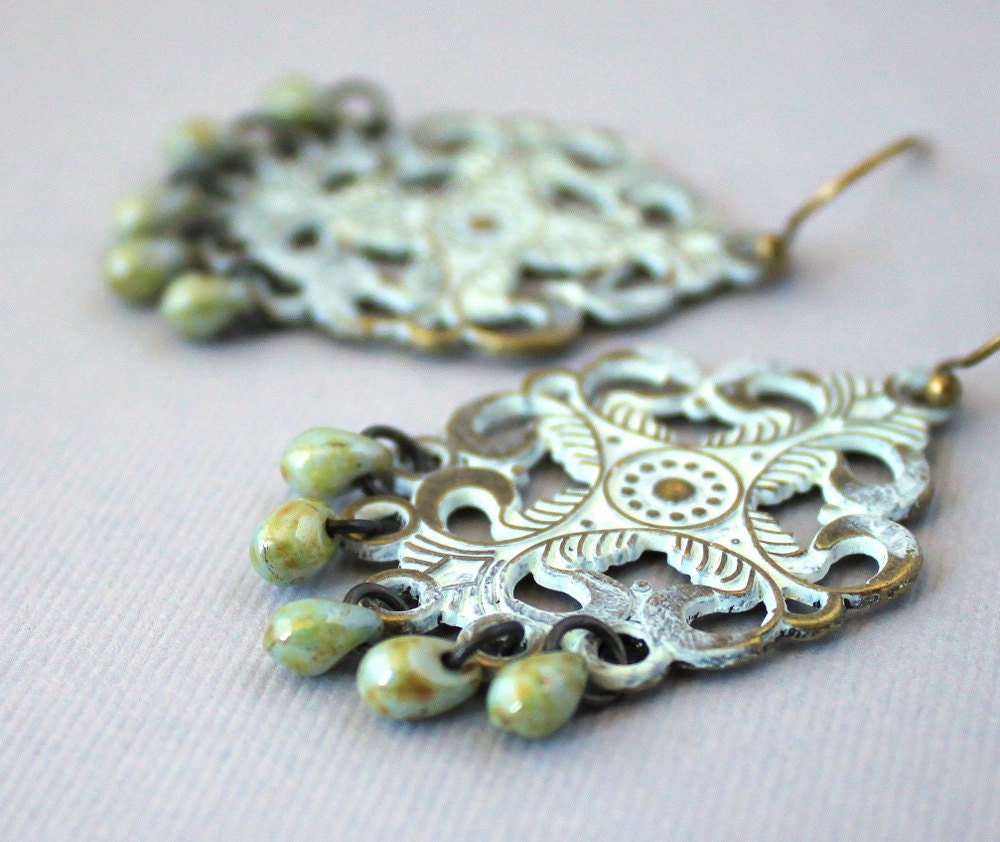 Pale Blue Earrings Chandelier Earrings Pastel Jewelry Czech Glass Teardrop White Patinaed Brass, Mist-Gift Under 25