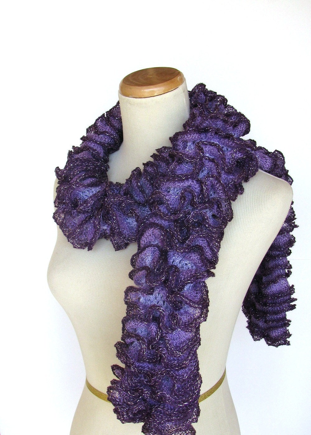 Purple Hand Knit Ruffled Scarf - ArlenesBoutique