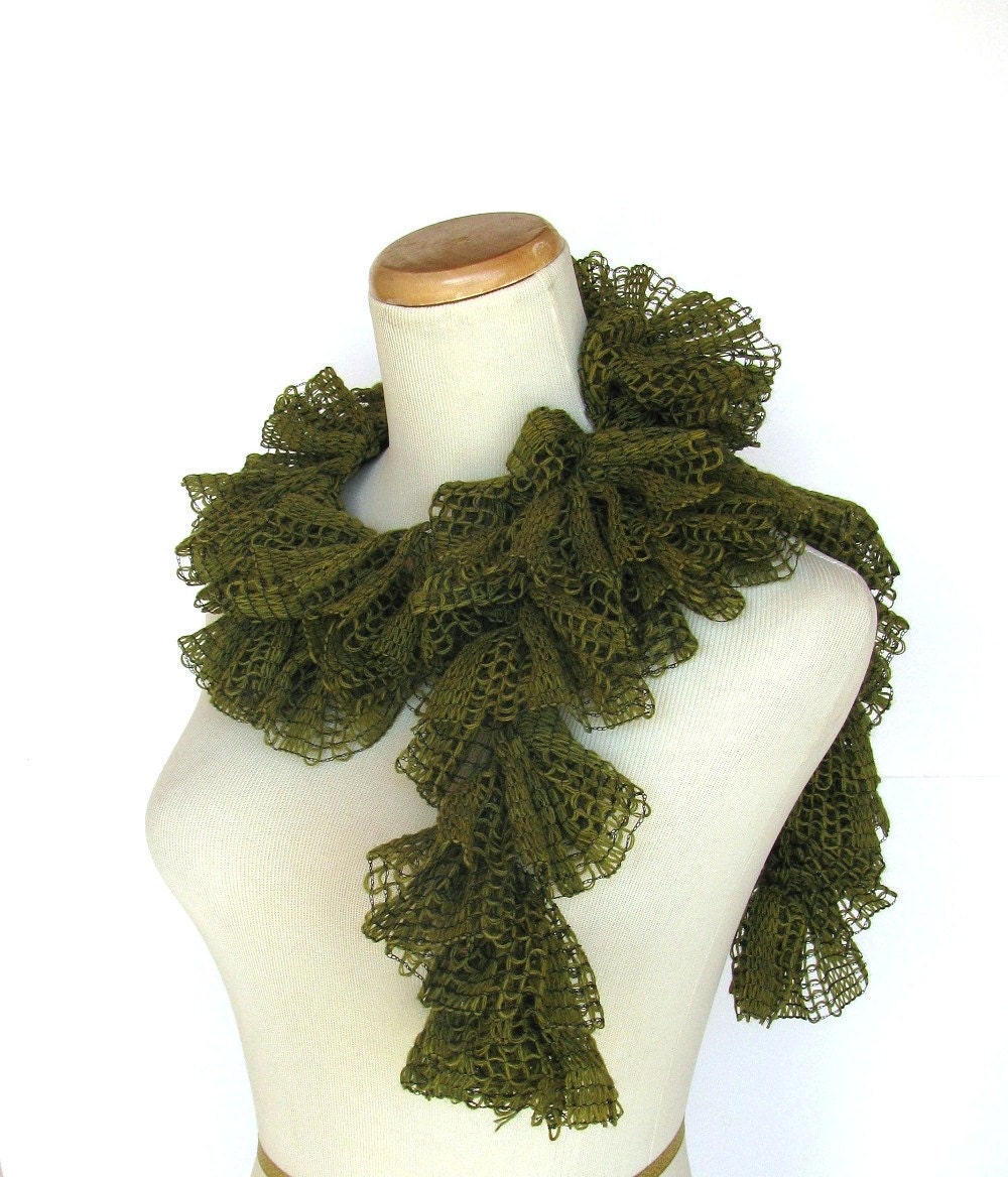 Olive Green Hand Knit Ruffled Scarf -