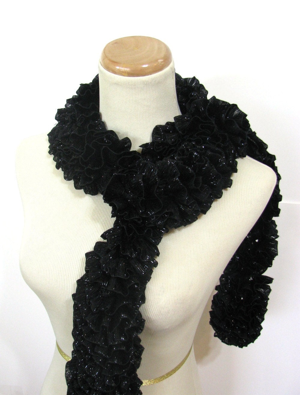 Black Ruffle Scarf - Designer - Hand Knit