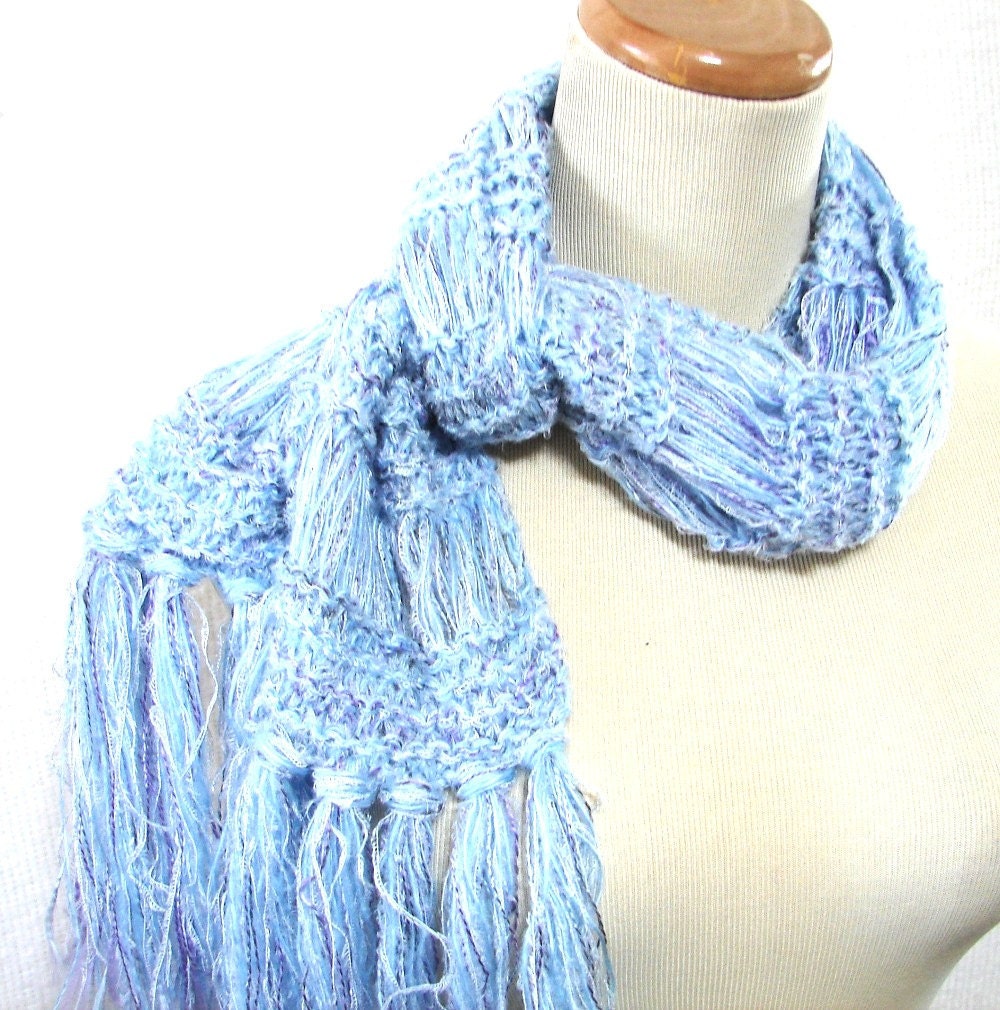 Lavender Showers Hand Knit Scarf - Blue and Lavender