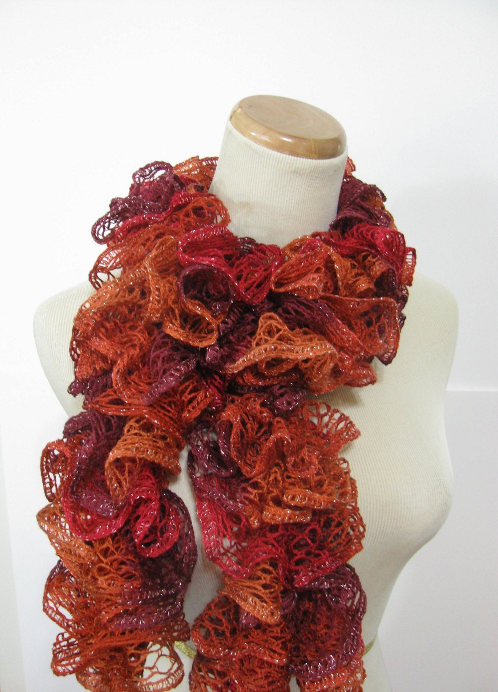 Sunset Orange Ruffle Hand Knit Scarf
