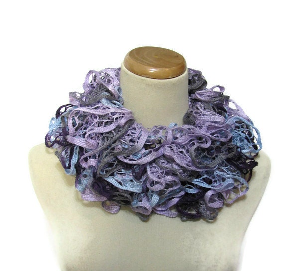 Hand Knit Ruffled Scarf - Purple Blue Burgundy Gray