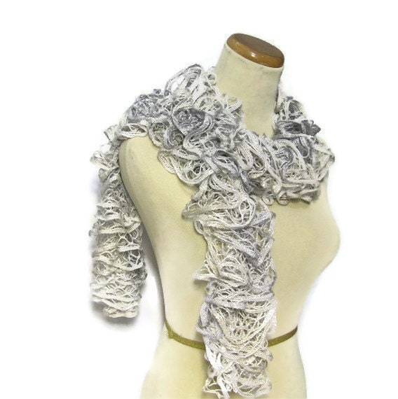 Holiday Hand Knit Scarf - Ruffled - Variegated Grays