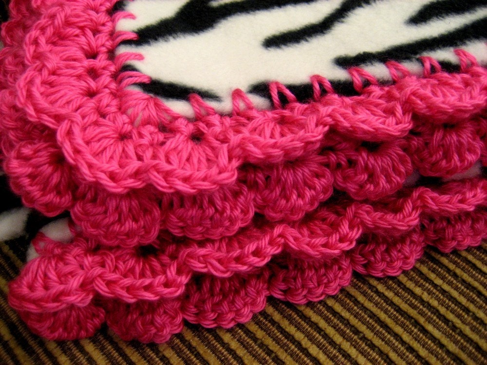 Zebra Striped Fleece Throw Blanket with Pink Crochet Edge