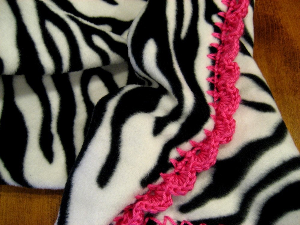 Zebra Striped Fleece Throw Blanket with Pink Crochet Edge