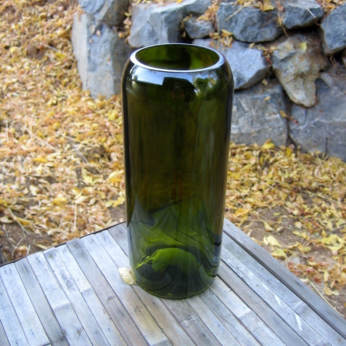 Upcycled Green Vase made from a 1.5 liter wine bottle