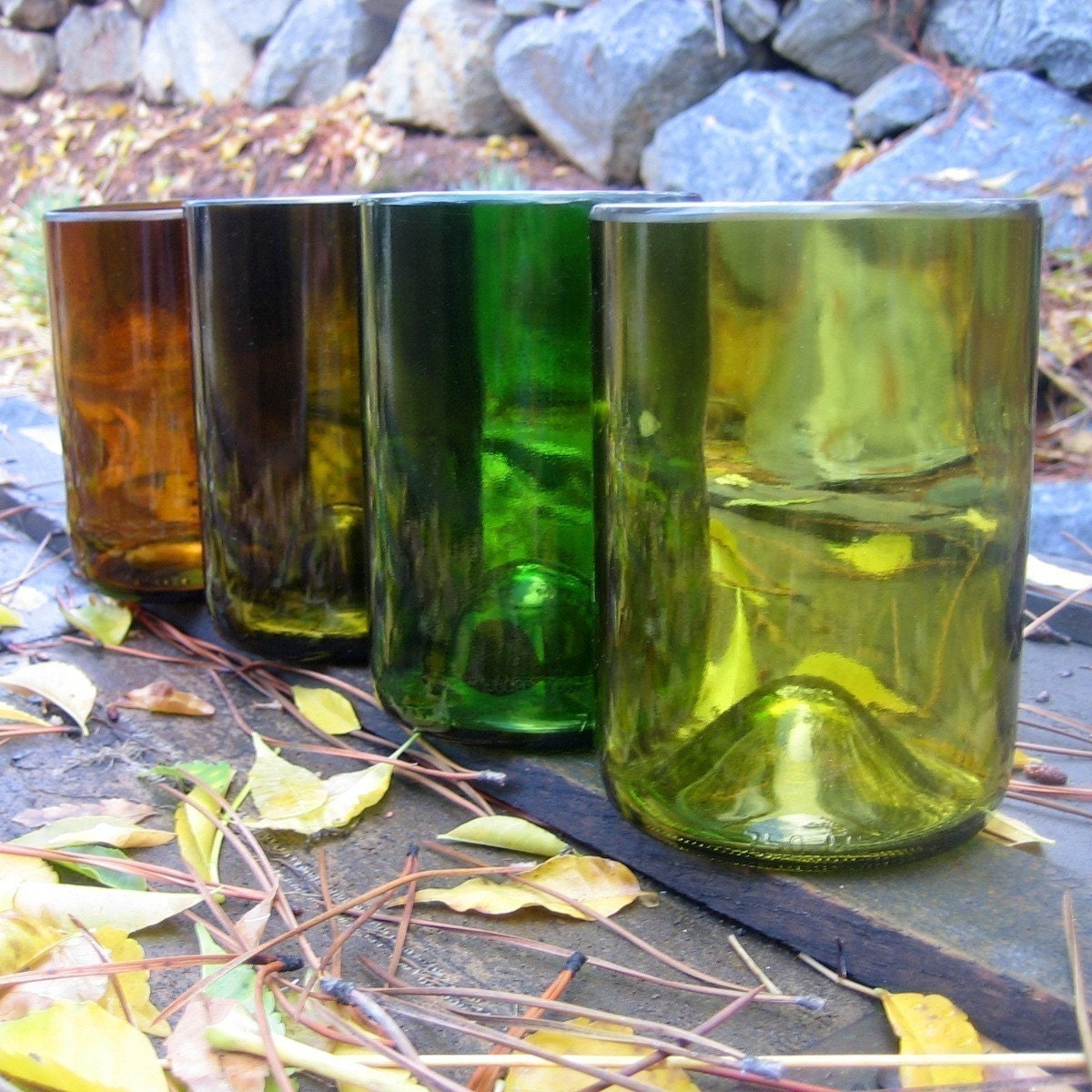 Four Short Eco-Friendly Glass Tumblers made from Recycled Wine Bottles with Ale