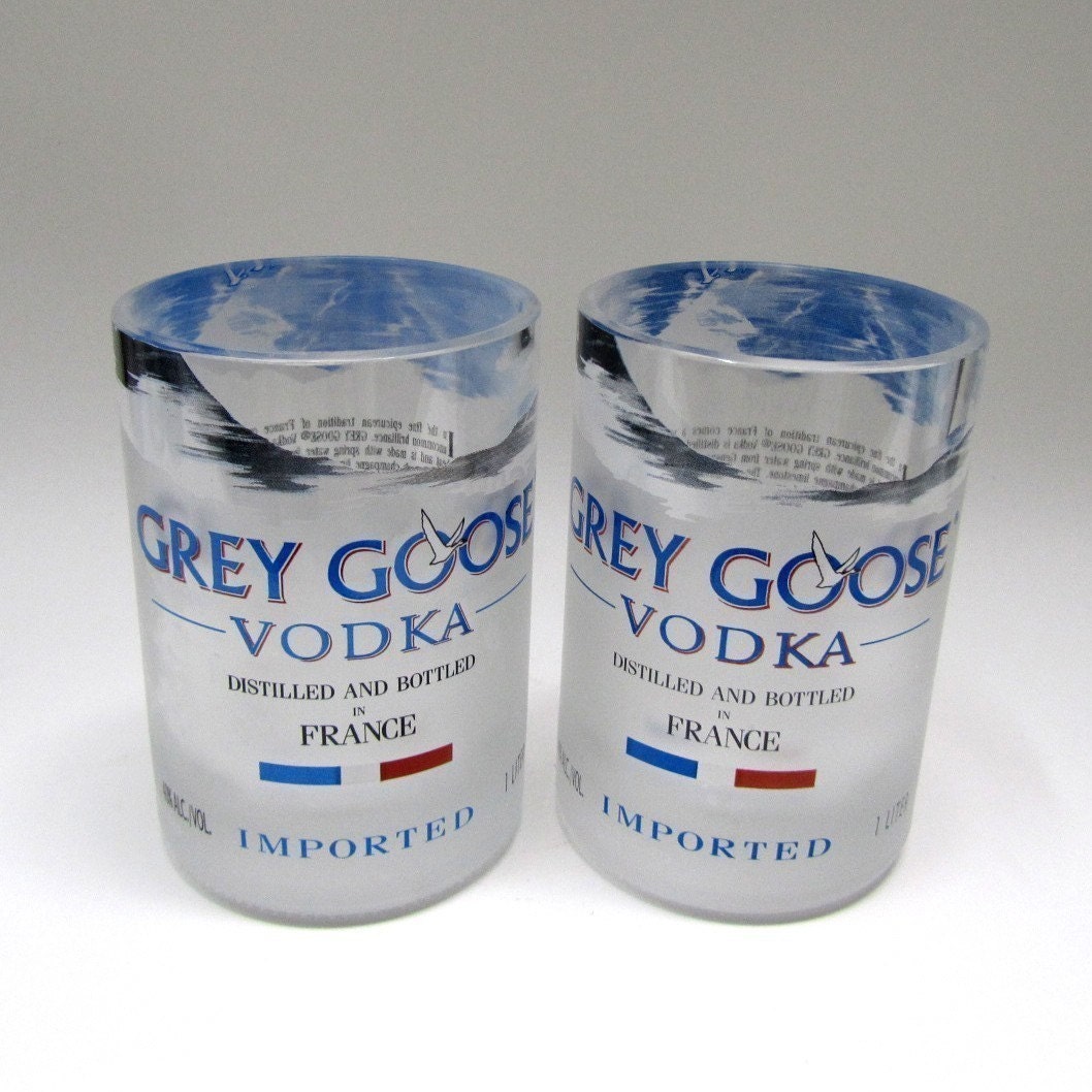 Two Grey Goose Vodka Low Ball Tumblers // 1L Glass Bottles