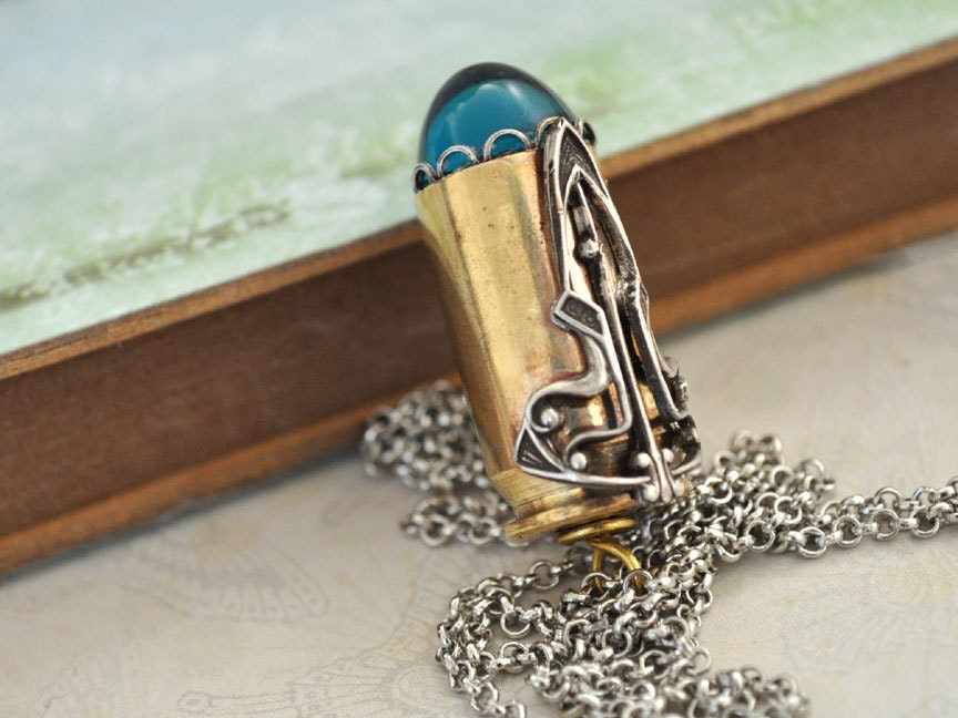 ULTRA VIOLET,  real bullet casing necklace with vintage bullet tip zircon blue glass cab