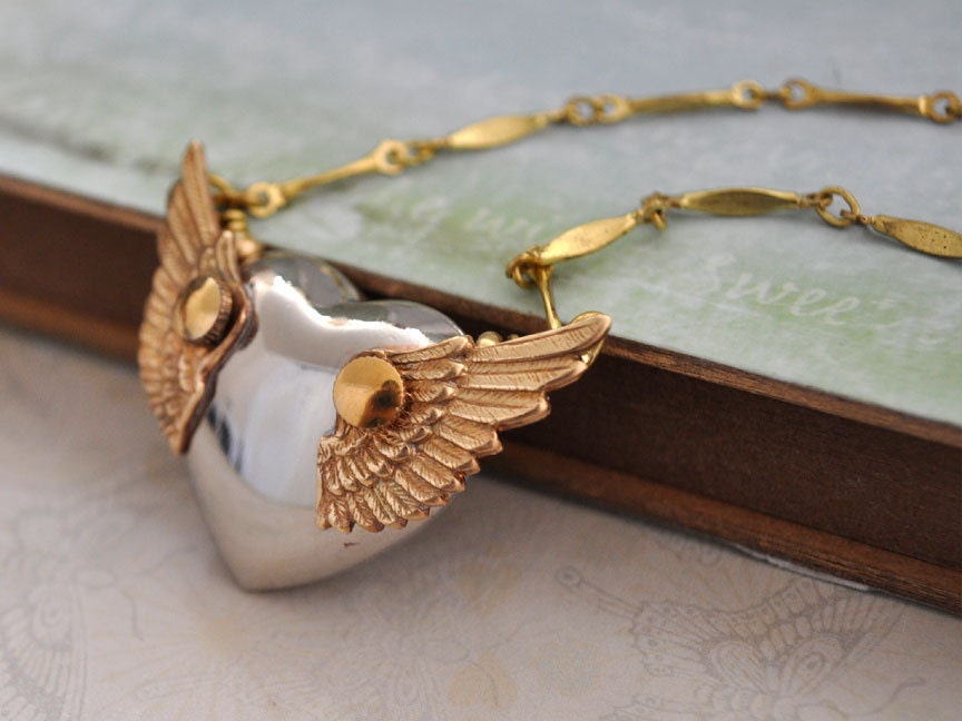 THE WINGED HEART steampunk winged puffy heart necklace with watch gears