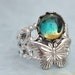 BUTTERFLY IN MOTION neo Victorian vintage style antiqued silver plated ring with butterfly and green glass cab