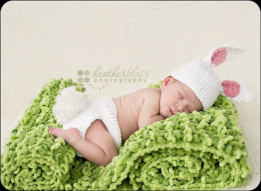 Newborn or 0-3 Month Cotton Easter Bunny Hat and Diaper Cover Set - Photography Prop - 2pcs.