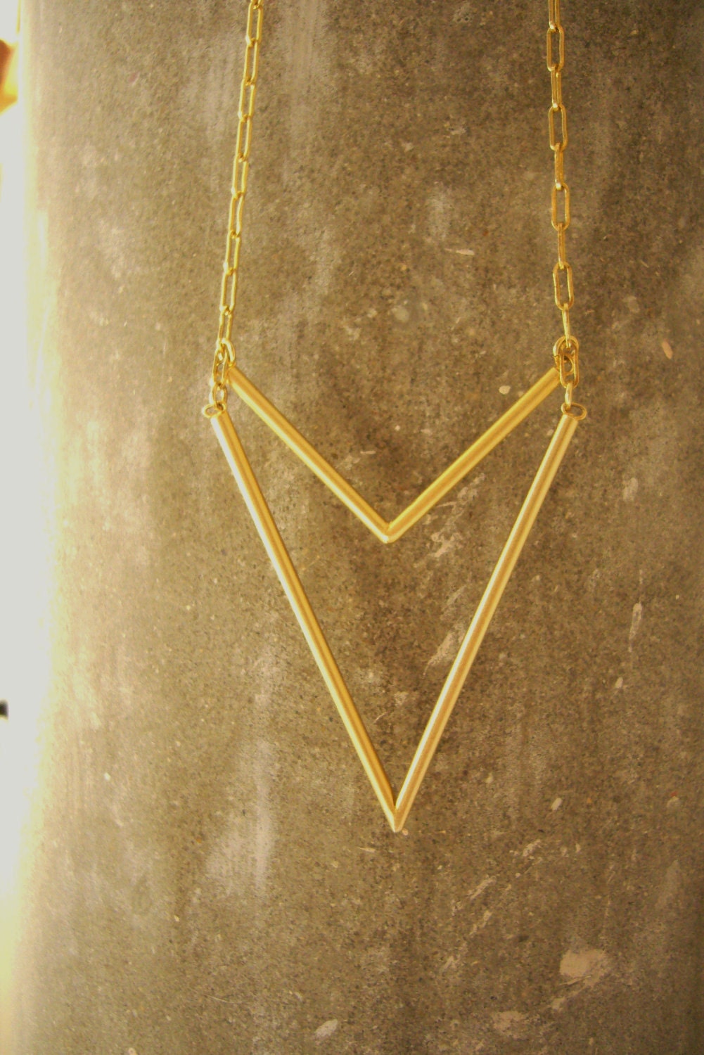 Statement Geometric Jewelry Double Chevron Tribal Long Necklace-  Metalwork in Gold
