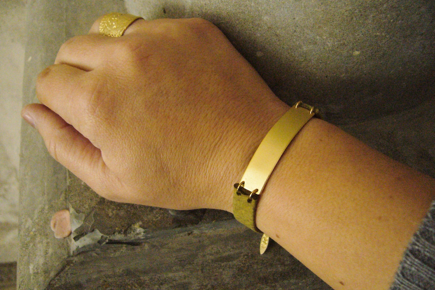 ID Plate Bracelet- Bar Bracelet Leather and Gold Signet Bracelet-  His or Hers