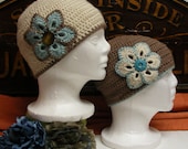 Hand Crocheted Woman's Cloche Hat - Natural & Taupe with Tiffany Blue Daisy