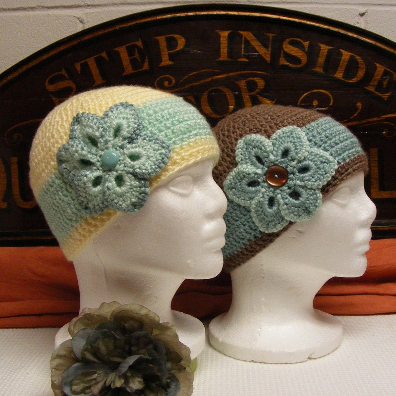 Hand Crocheted Woman's Cloche Hat - Winter White Hat with Tiffany Blue Band & Flower