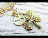 Four Leaf Clover Lucky Necklace - Hand Stamped Jewelry - Monogram - Shamrock - Good Luck Mom