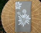 Linen Tea Towel - White Flowers. Natural Flax. Hand Screen-Printed.