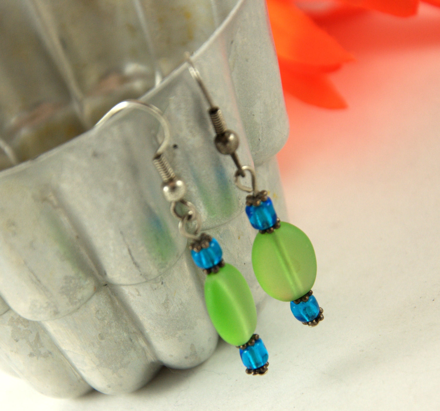 Green and Blue Bead Earrings, lime, jewelry, colorful, pierced, fun, fish hook, beaded, silver