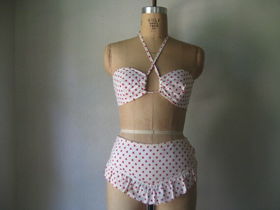 vintage 1940s to 1950s swimsuit / cotton two-piece bikini red polka dots ruffles halter