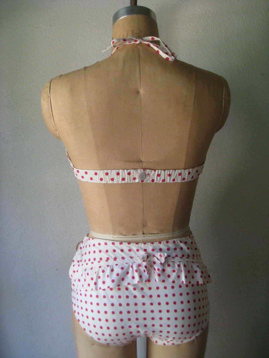 vintage 1940s to 1950s swimsuit / cotton two-piece bikini red polka dots ruffles halter